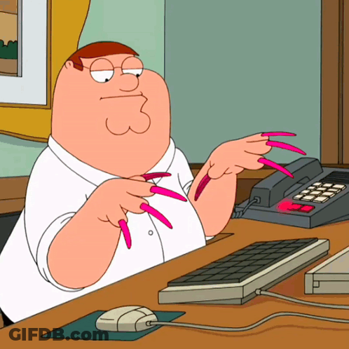 Cartoon Character With Long Pink Nails Sitting At Desk GIF