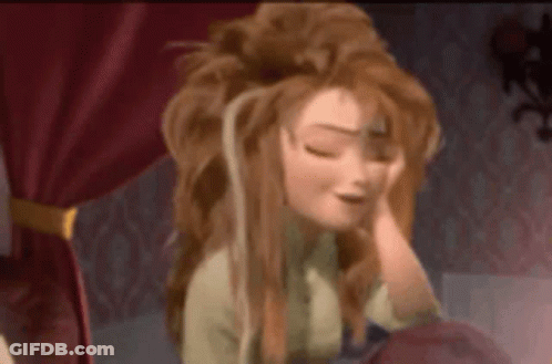 Cartoon Character With Messy Hairdo Sitting On Bed GIF