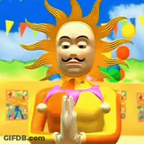 Cartoon Character With Mustache And Sun-Shaped Face GIF