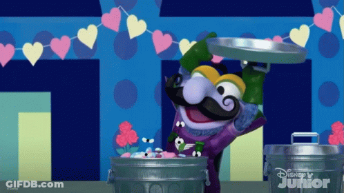 Cartoon Character With Mustache Next To Trash Can With Disney Junior Logo GIF