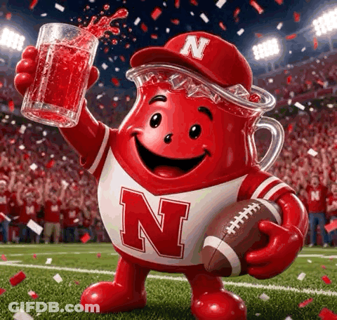 Cartoon Character With N Shirt Holding Football And Juice GIF