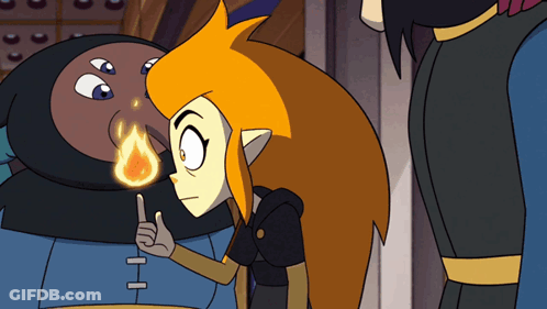 Cartoon Character With Orange Hair Pointing At Flame GIF