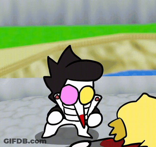 Cartoon Character With Pink And Yellow Eyes Beside Another GIF