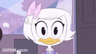 Cartoon Character With Pink Bow Standing In Front Of Door GIF