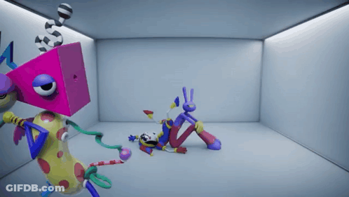 Cartoon Character With Pink Box On Head Lying On Floor GIF