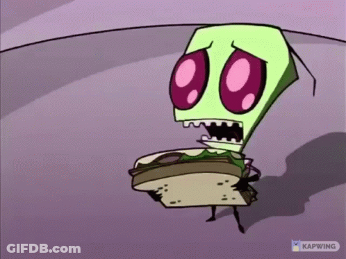 Cartoon Character With Pink Eyes Holding Sandwich GIF