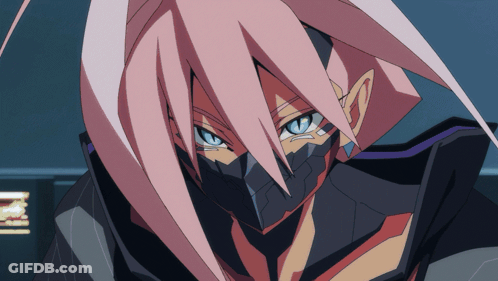 Cartoon Character With Pink Hair And Blue Eyes Wearing Mask GIF