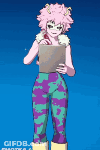 Cartoon Character With Pink Hair And Purple Pants Holding Clipboard GIF