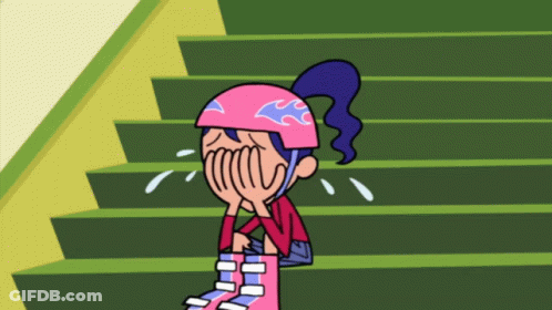 Cartoon Character With Pink Helmet On Green Stairs GIF