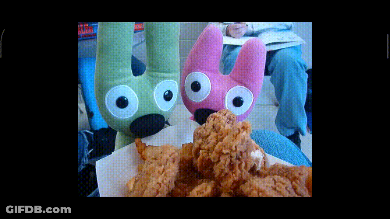 Cartoon Character With Plushies Hoops Yo-Yo And Chicken Wings GIF