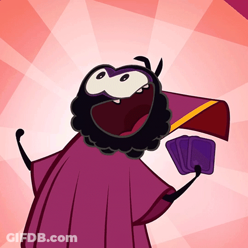 Cartoon Character With Purple Cape Holding Cards GIF
