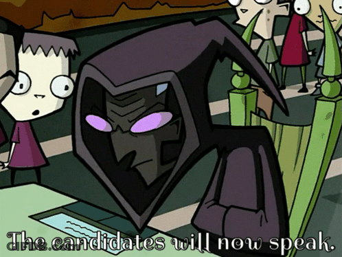 Cartoon Character With Purple Eyes And Words The Candidates Will Now Speak GIF