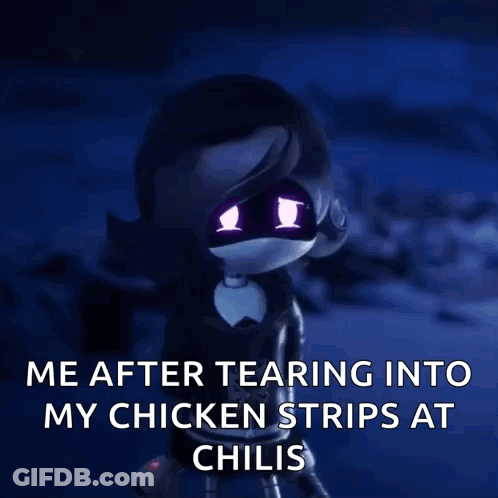 Cartoon Character With Purple Eyes Says Me After Tearing Into My Chicken Strips At Chilis GIF