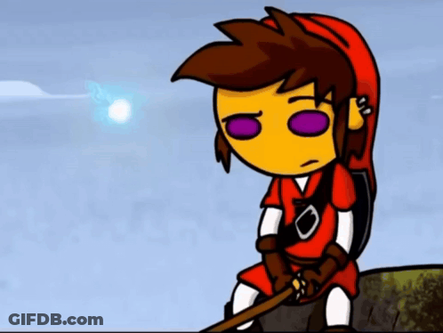 Cartoon Character With Purple Eyes Sitting On Rock Holding Sword GIF