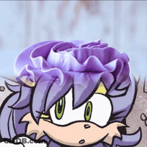 Cartoon Character With Purple Hair And Green Eyes With Purple Flower GIF