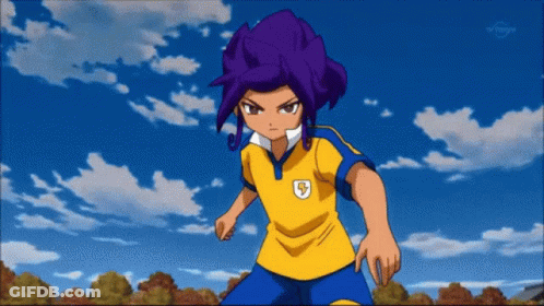 Cartoon Character With Purple Hair And Yellow Shield Shirt GIF