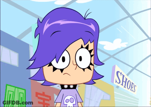 Cartoon Character With Purple Hair In Front Of Shoes Sign GIF
