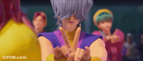Cartoon Character With Purple Hair Making Peace Sign GIF