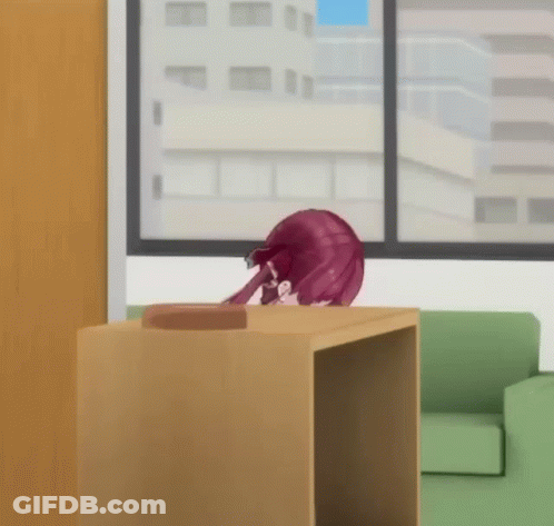 Cartoon Character With Purple Hair Sitting At Table In Front Of Window GIF