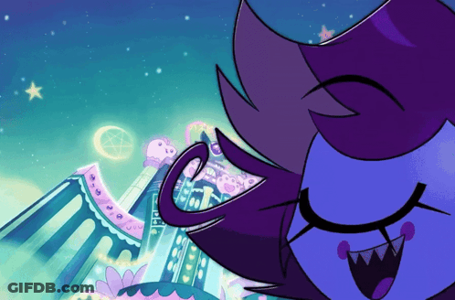 Cartoon Character With Purple Hair Smiling In Front Of Rollercoaster GIF