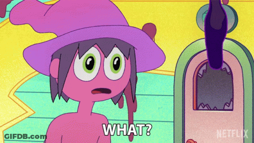 Cartoon Character With Purple Hat And Green Eyes Saying What GIF