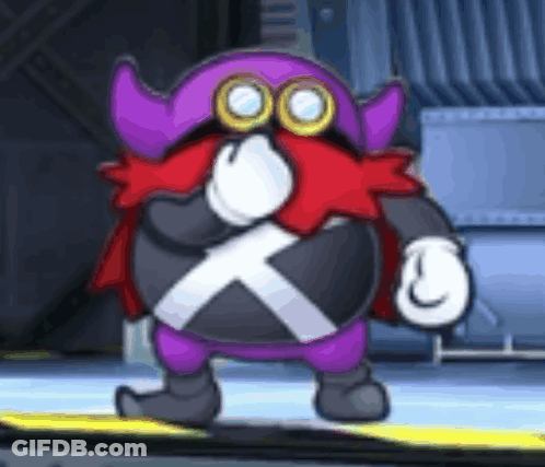 Cartoon Character With Purple Hat And Red Cape Standing On Blue Surface GIF