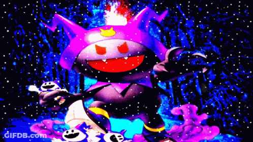 Cartoon Character With Purple Hat And Red Eyes Standing In Snow GIF
