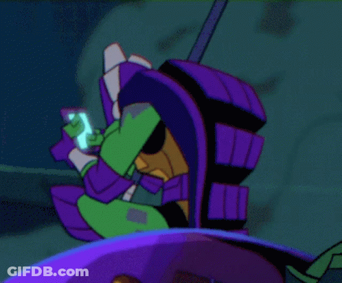 Cartoon Character With Purple Helmet Looking At Phone GIF