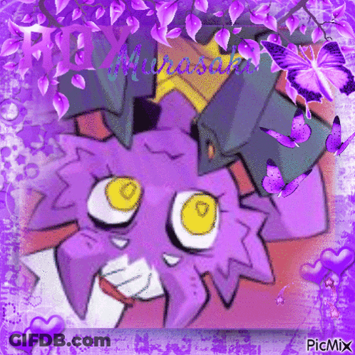 Cartoon Character With Purple Leaves And Butterflies And Name Mirasama GIF