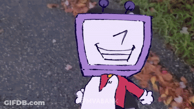 Cartoon Character With Purple Television Head GIF
