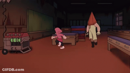 Cartoon Character With Pyramid Head Holding Sword GIF