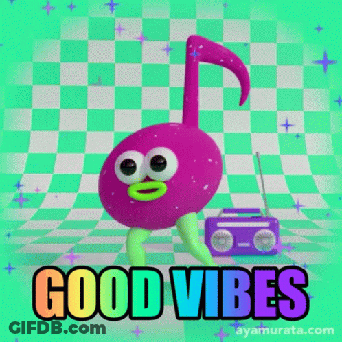 Cartoon Character With Radio Saying Good Vibes GIF