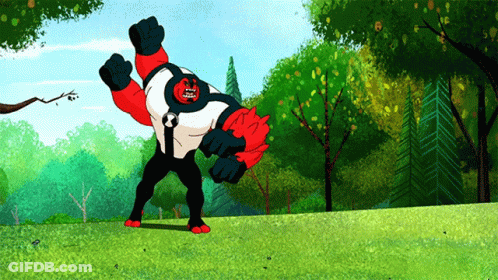 Cartoon Character With Red And Black Arms In Field GIF