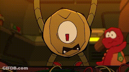 Cartoon Character With Red Eye Next To Stuffed Animal GIF