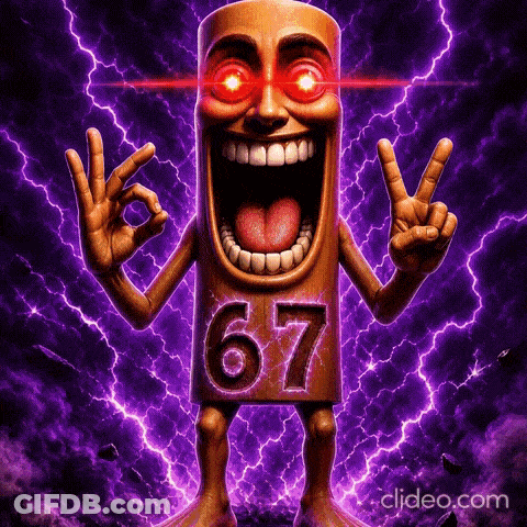 Cartoon Character With Red Eyes And 67 On Shirt GIF