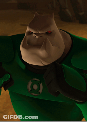 Cartoon Character With Red Eyes And Green Lantern Symbol GIF