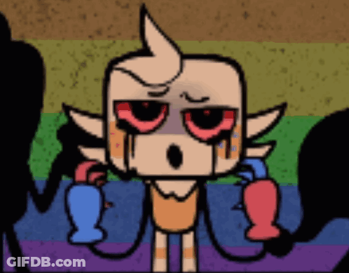 Cartoon Character With Red Eyes And Horn Holding Gloves GIF