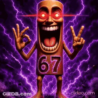 Cartoon Character With Red Eyes And Number 67 Giving Peace Sign GIF