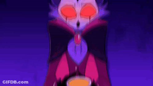 Cartoon Character With Red Eyes And Purple Cape Holding Cup GIF