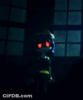 Cartoon Character With Red Eyes Standing In Dark In Front Of Window GIF