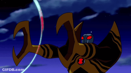 Cartoon Character With Red Eyes Surrounded By Red And Blue Spirals GIF