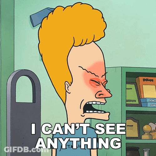 Cartoon Character With Red Face Saying I Can't See Anything GIF