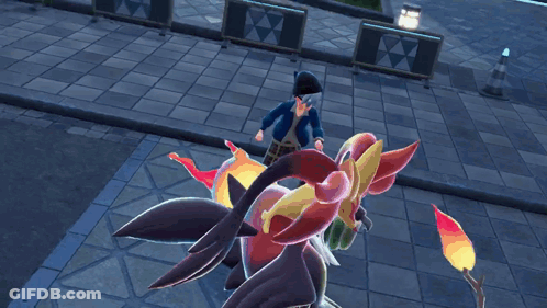 Cartoon Character With Red Flower On Head Standing On Sidewalk GIF