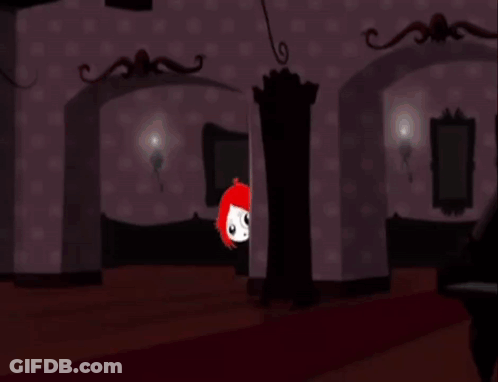 Cartoon Character With Red Hair Standing In Front Of Bookcase GIF