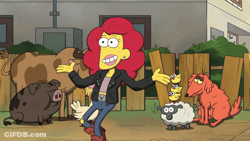 Cartoon Character With Red Hair Surrounded By Animals And Dog GIF