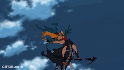 Cartoon Character With Red Hat And Gold Feathers Laying Down GIF