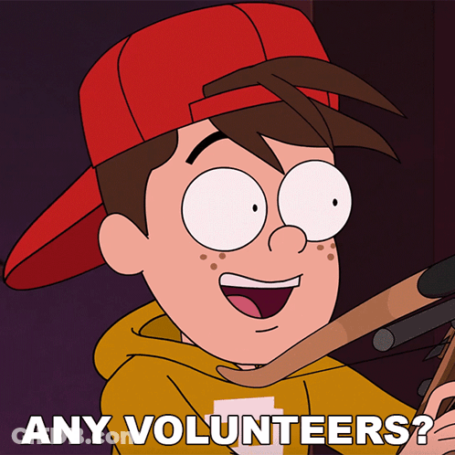 Cartoon Character With Red Hat Says Any Volunteers GIF