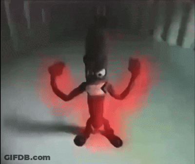 Cartoon Character With Red Light Coming From Arms In Dark Room GIF