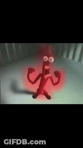 Cartoon Character With Red Light From Mouth In Dark Room GIF