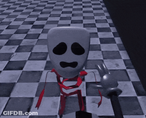 Cartoon Character With Red Ribbon On Checkered Floor GIF